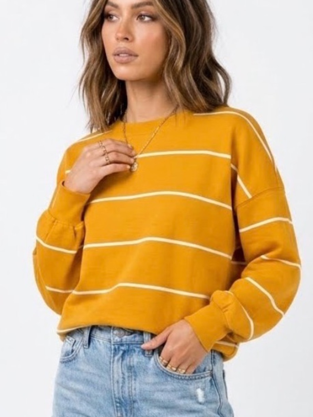 ONLY Brand Mustard Yellow & White Striped Crewneck Sweatshirt ladiesMedium 1783